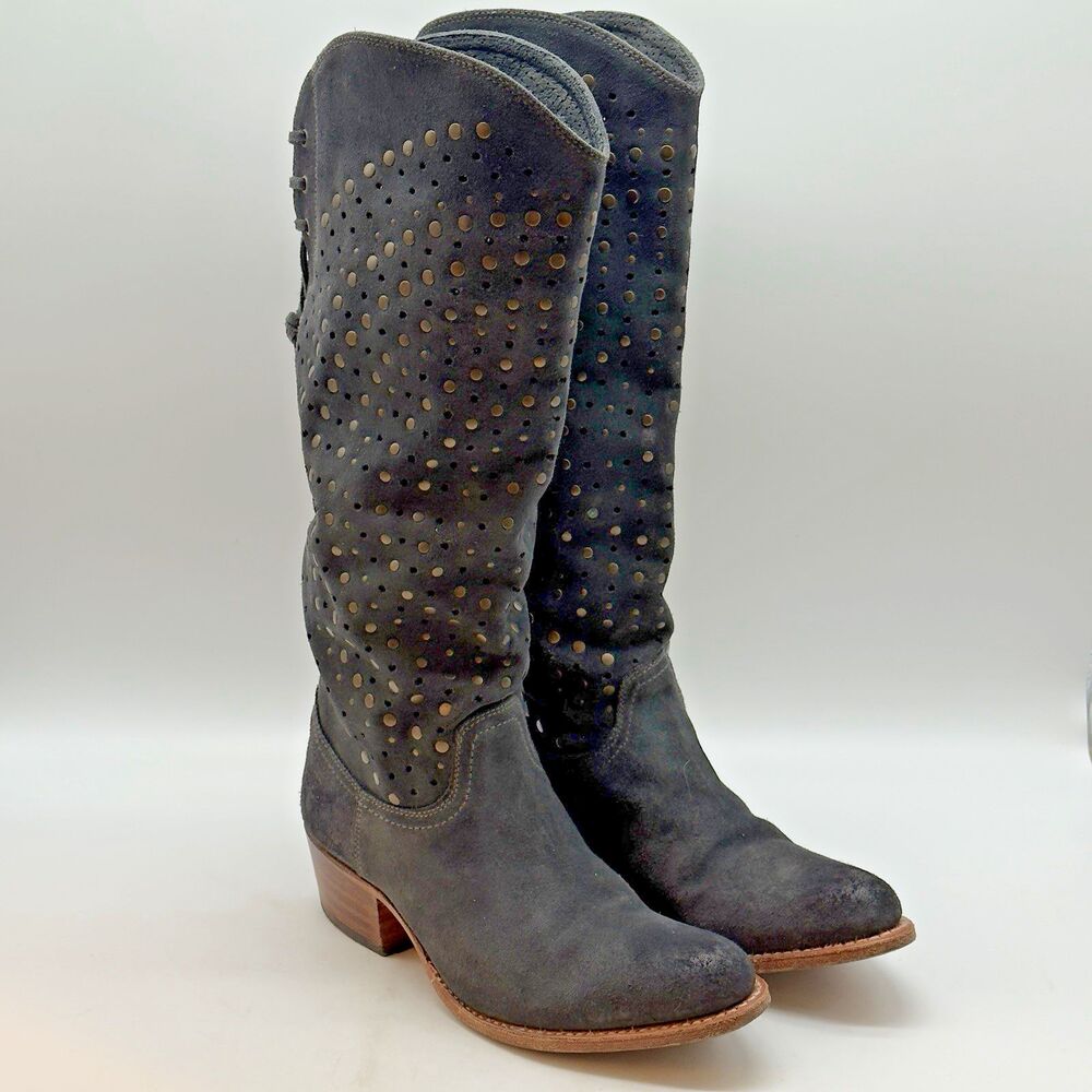 Frye Deborah Studded Perforated Suede Leather Tall Boots Women’s 5M Dark Gray